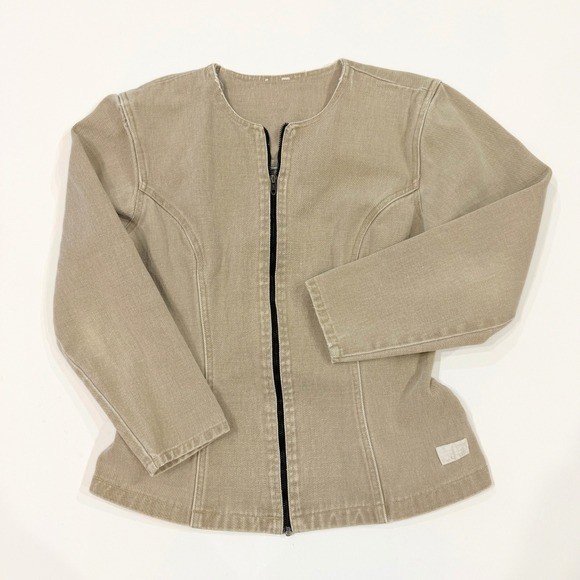 Vtg 80s Jimmyz Tan Canvas Denim Jacket L Collarless Shoulder Pads Surf Wear