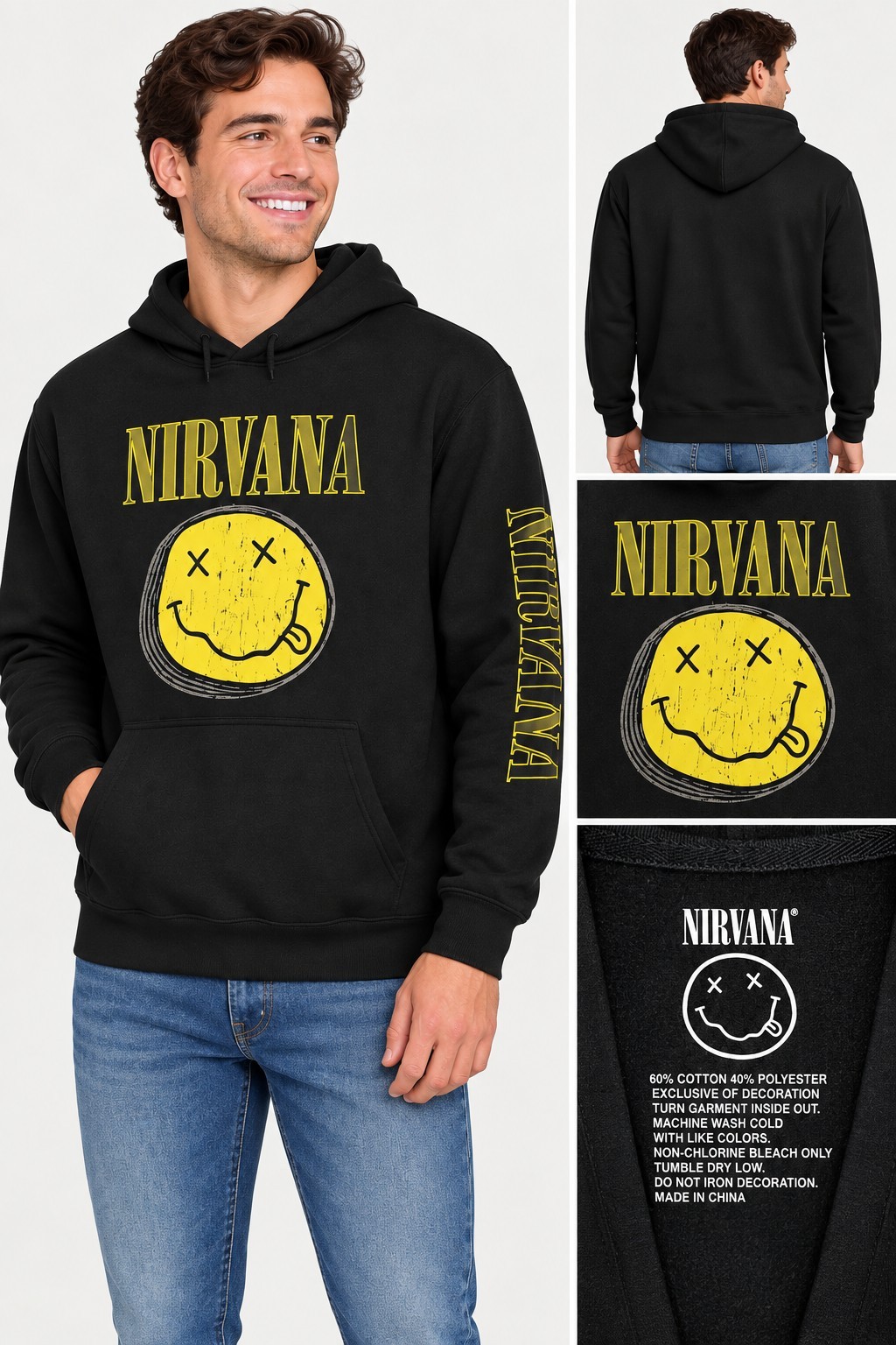 Nirvana Men\'s XS S M L XL 2XL 3XL Smile Long Sleeves Hoodie Sweater Black (11J)