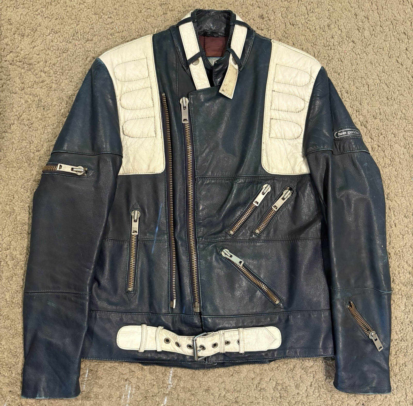VINTAGE HEIN GERICKE DARK BLUE & CREAM LEATHER BIKER JACKET LARGE 44 STUNNING