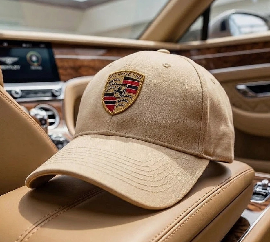 Porsche Beige Embroidered Logo Baseball Cap Adjustable Curved Brim Unisex Hat