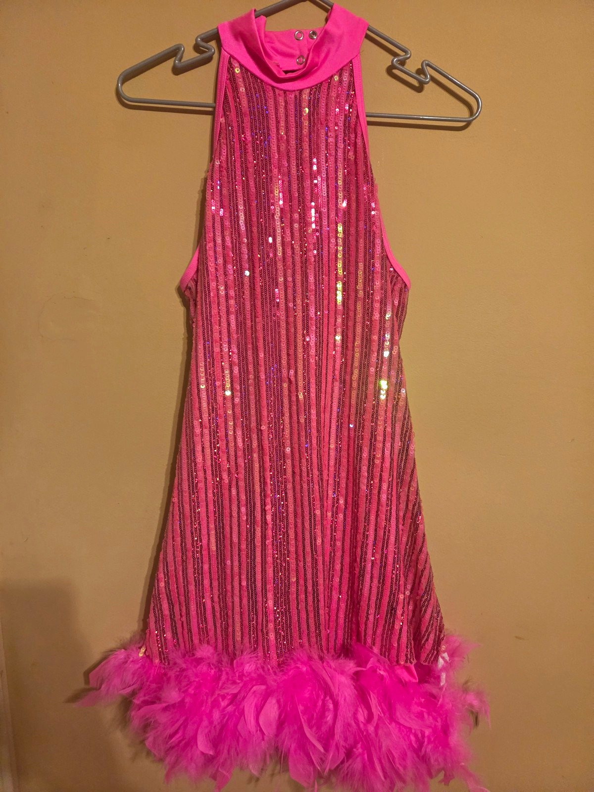 Weissman Women’s XL Pink Sequin Halter Dance Costume Dress with Feather Hem