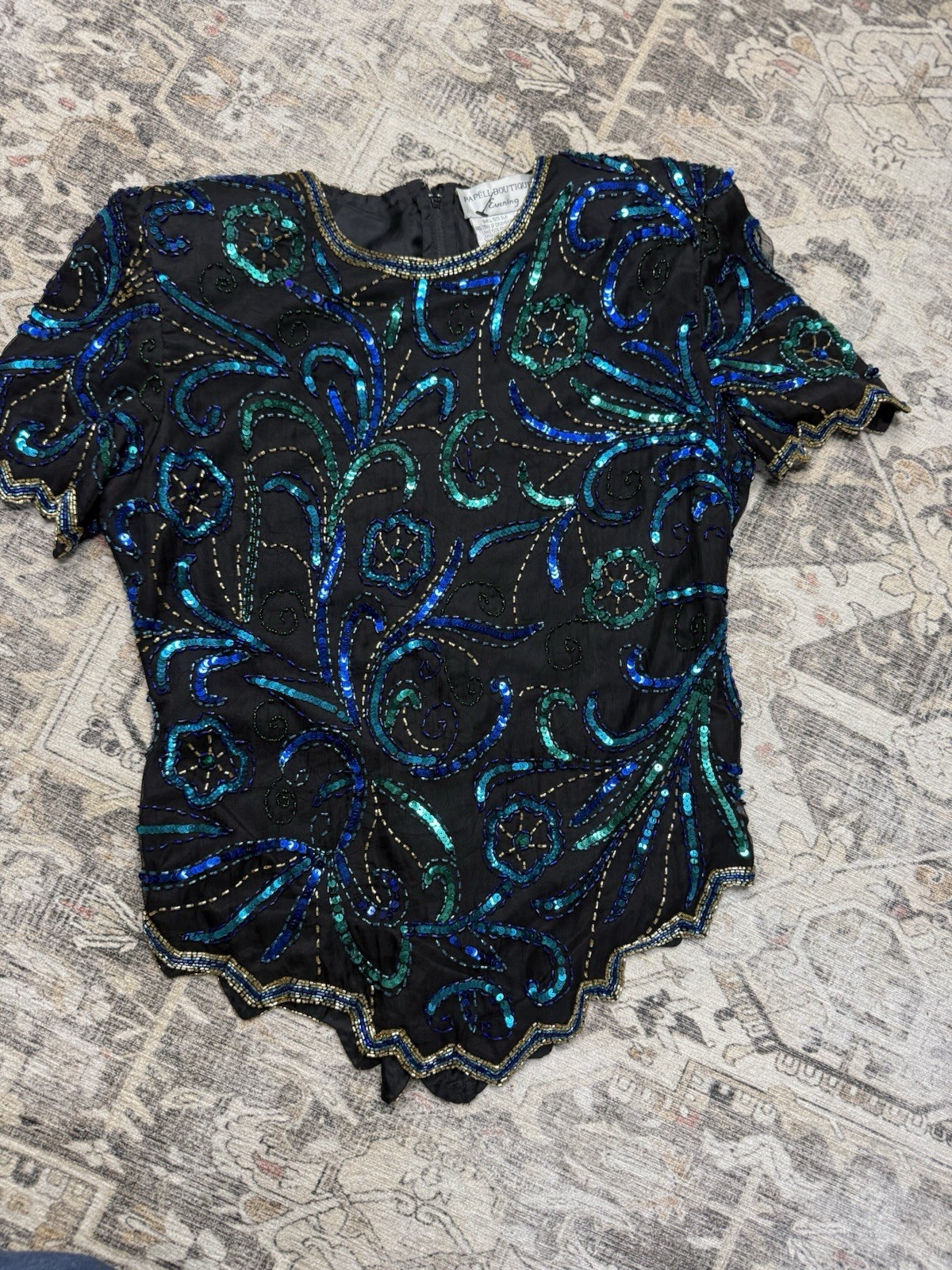 Vtg Adrianna Papell Evening Silk Beaded Blouse Size Medium Cocktail Peacock