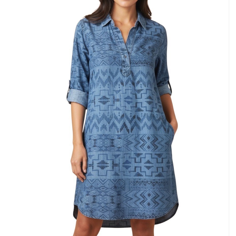 NWT Philosophy Shift Dress SOFT TENCEL CHAMBRAY Blue/Charcoal Tribal Print SZ L