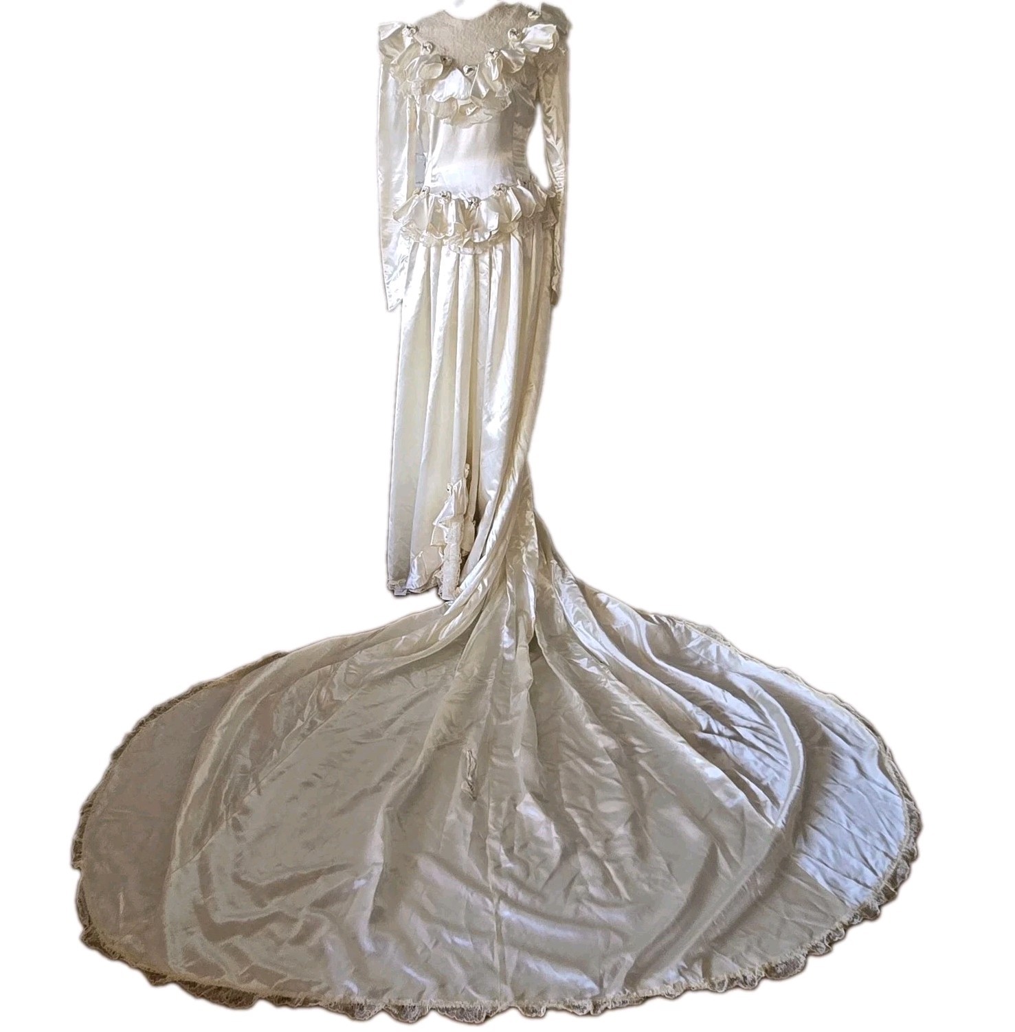 Vtg 70s 80s Victorian Revival Satin Wedding Gown, Rosette & Ruffle Detail,0/00