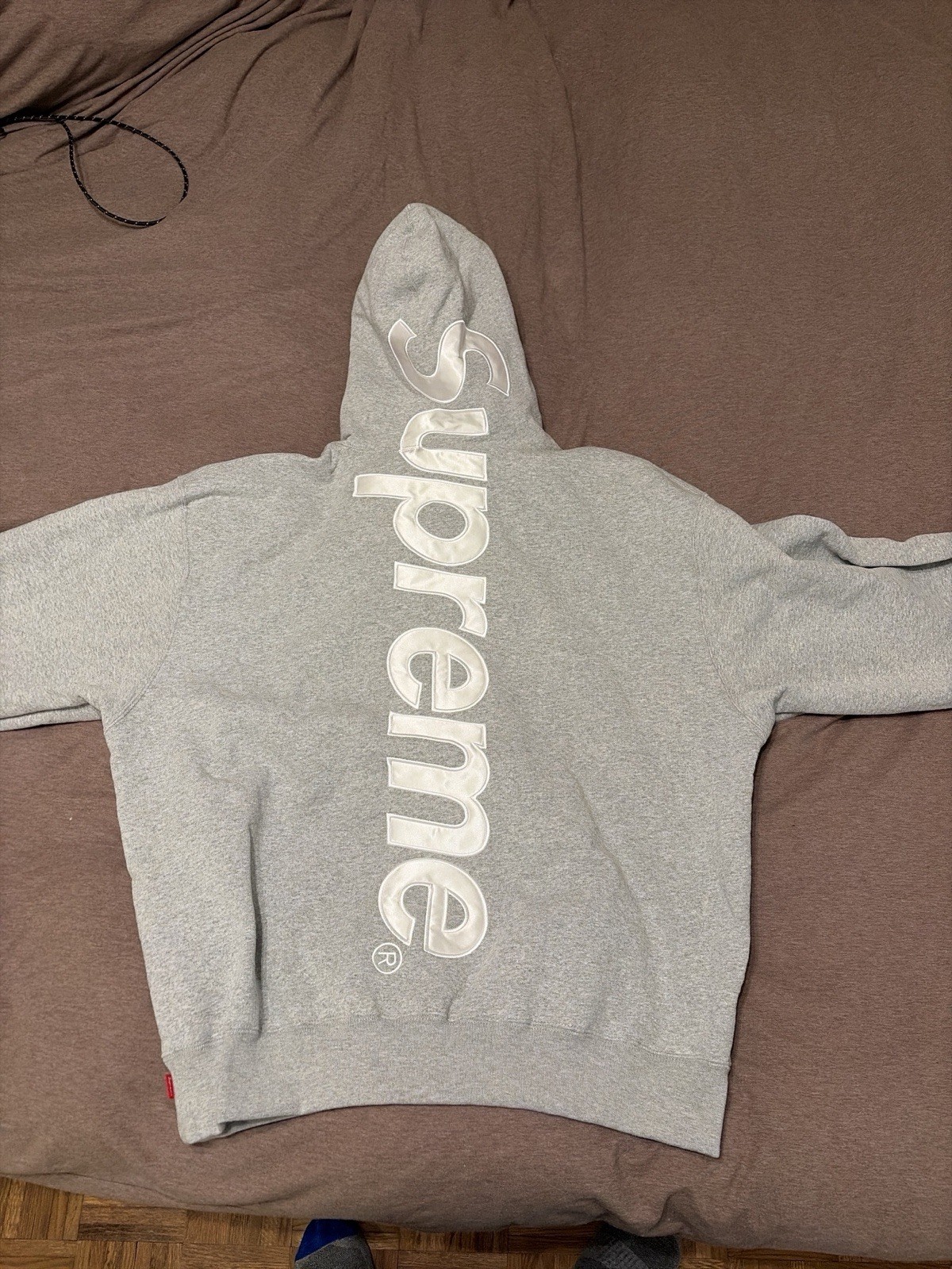 Supreme Logo Pullover Hoodie Men’s L Gray Cotton Fleece Drawstring