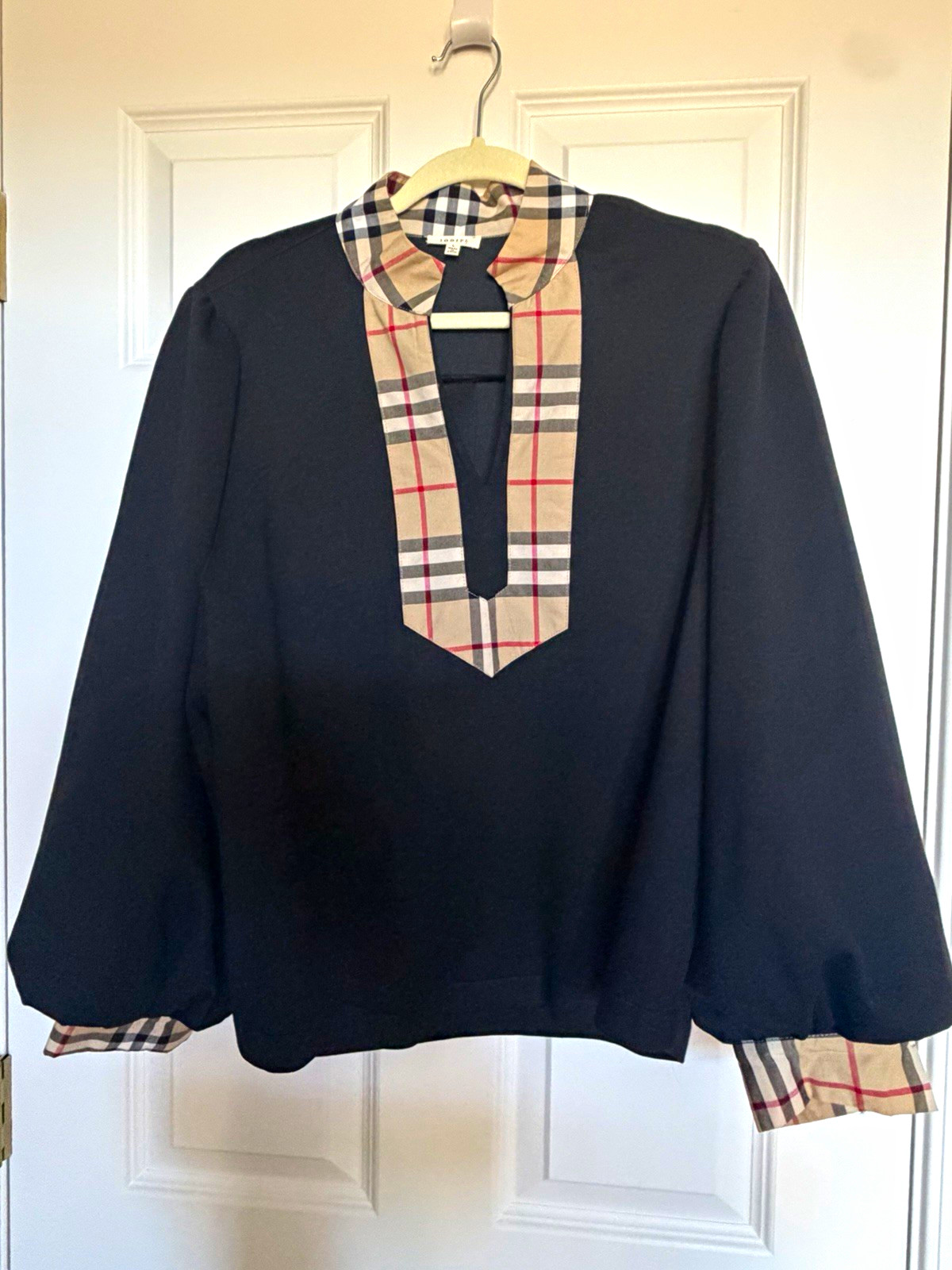 Jodifl Black Plaid Collared Woven Blouse Top, Contrast Trim 3/4 Sleeve L