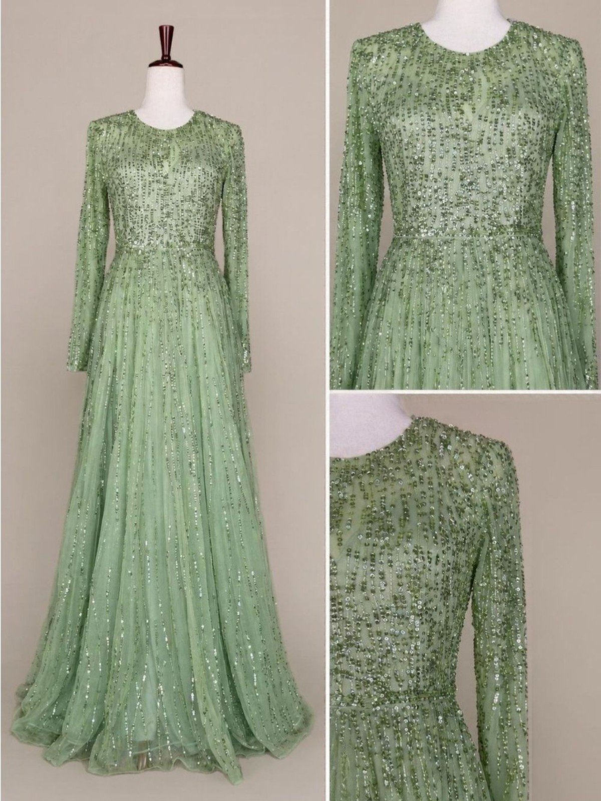NWT Mac Duggal Sage Green Beaded Sequin Long Sleeve Evening Gown Size 6