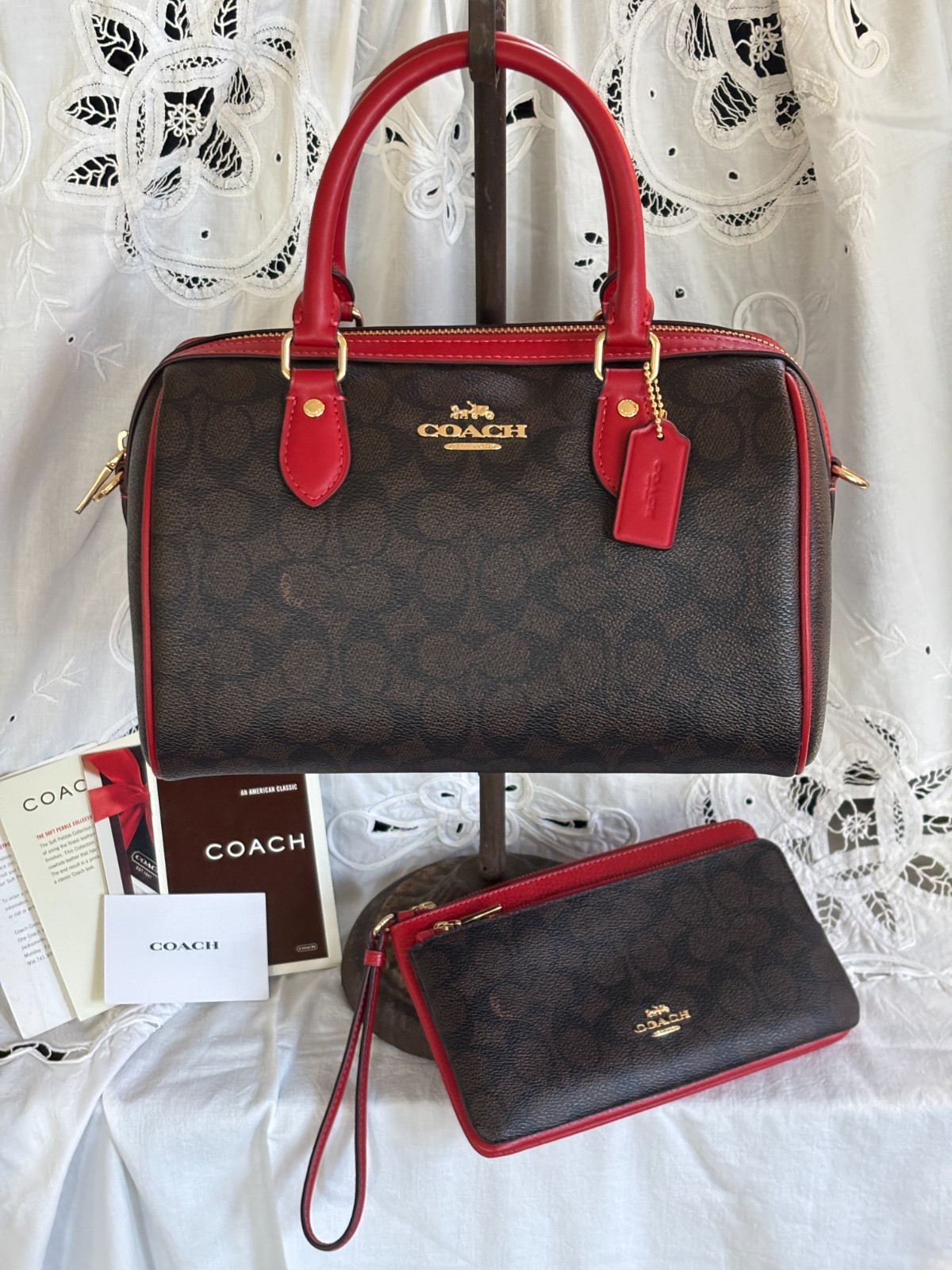 Coach Bag Set - Walnut and Red Rowan Satchel CV961 and Double Zip Wallet CX161