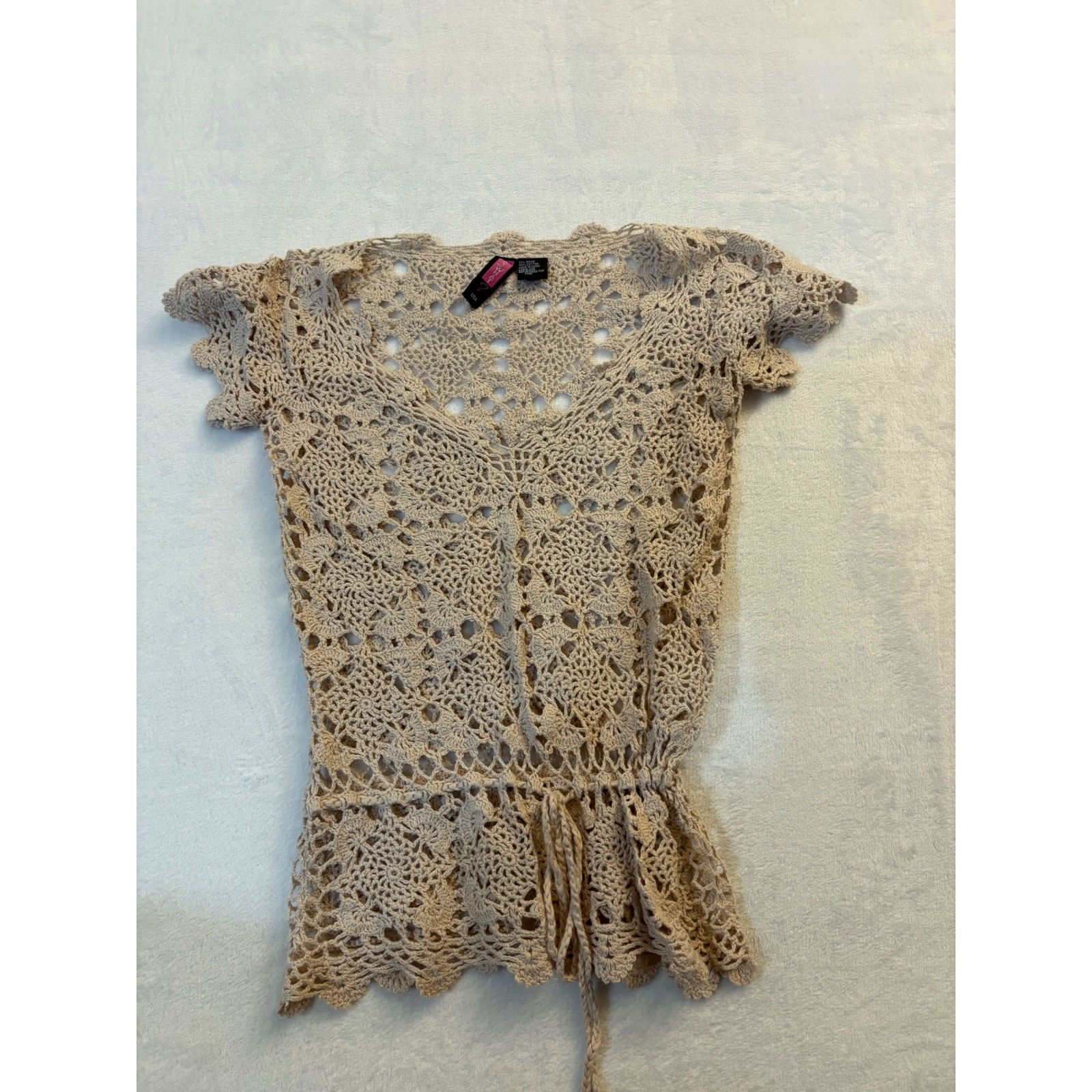 Say What? Vintage Y2K Crochet Knit Top Tan Beige Drawstring Waist Large