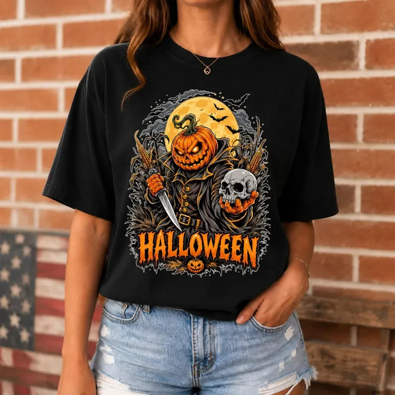 Halloween Pumpkin Scarecrow T-Shirt, Skeleton Horror Tee, Spooky Fall Gift