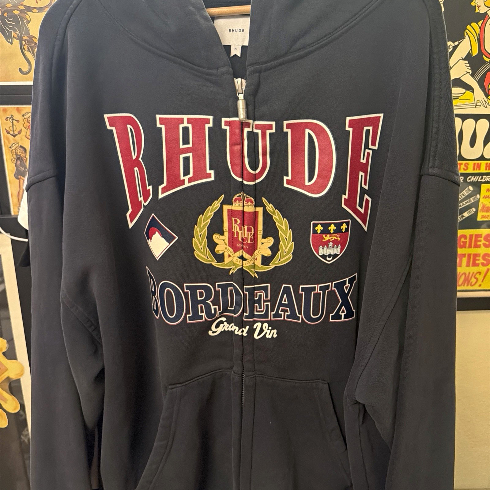 Rhude Bordeaux Black Logo Graphic Full Zip Hoodie Men\'s Hooded Pockets