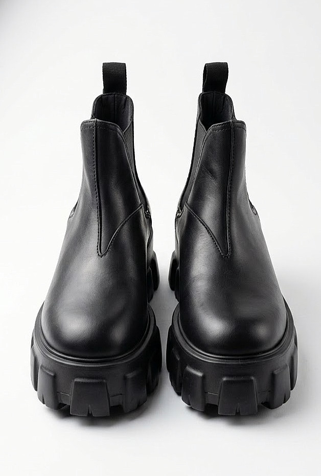 Prada Monolith Leather Ankle Boots Black Chunky Platform Lug Sole Chelsea EU 38