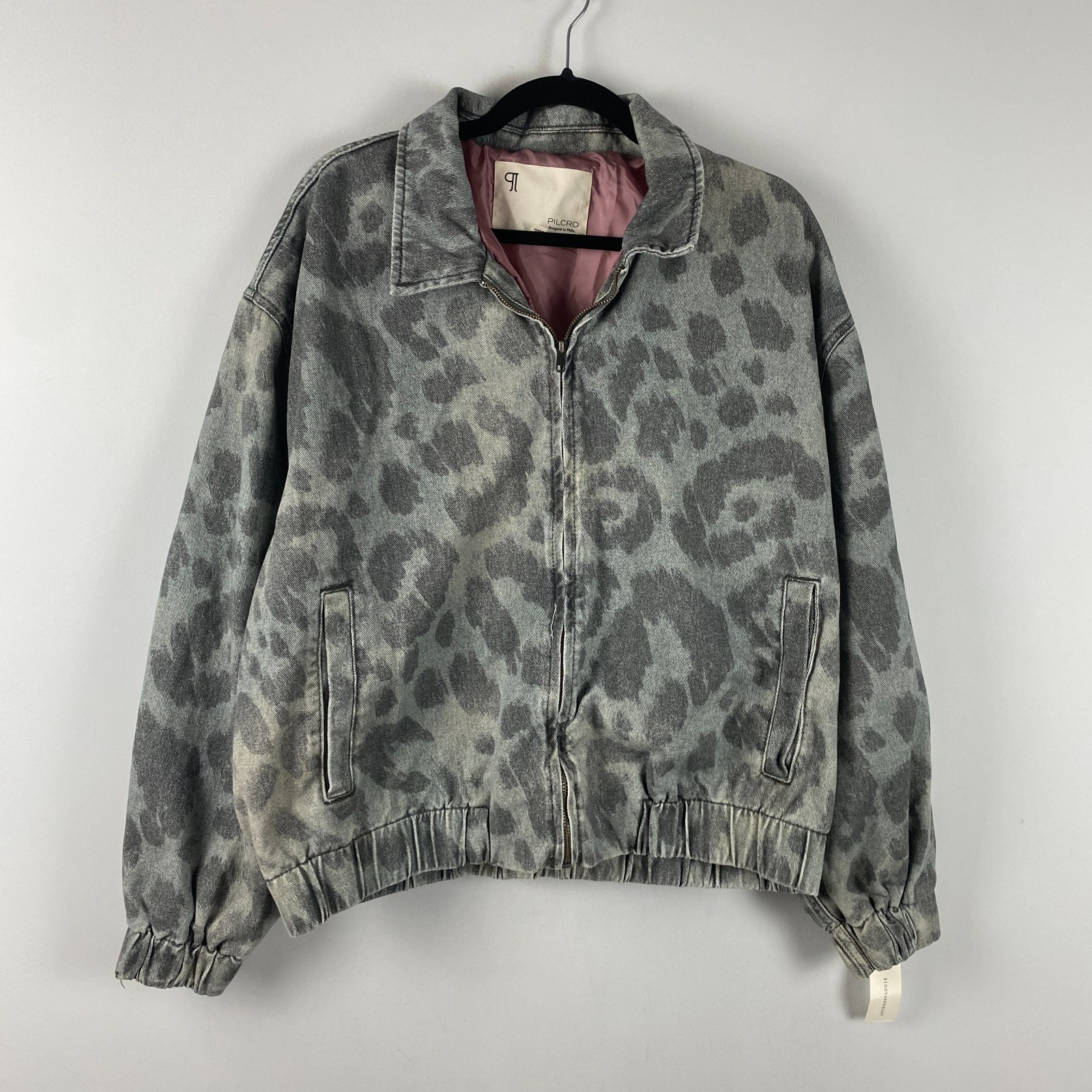 Anthropologie Pilcro Bomber Jacket Size Large Gray Print Full Zip Pockets