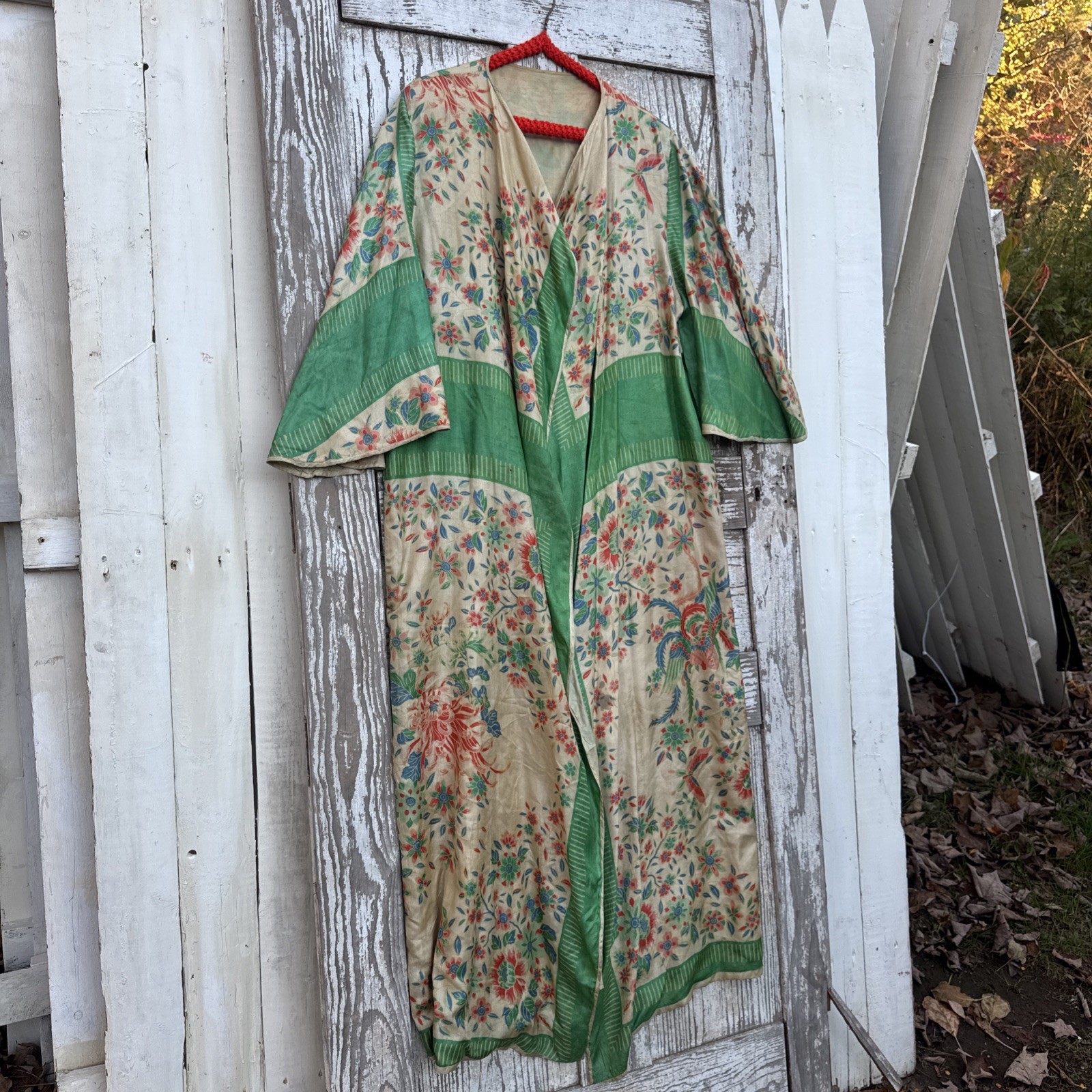 Antique 1920s Pongee Silk Robe Coat Jacket Green Florals & Birds Lounge Vintage