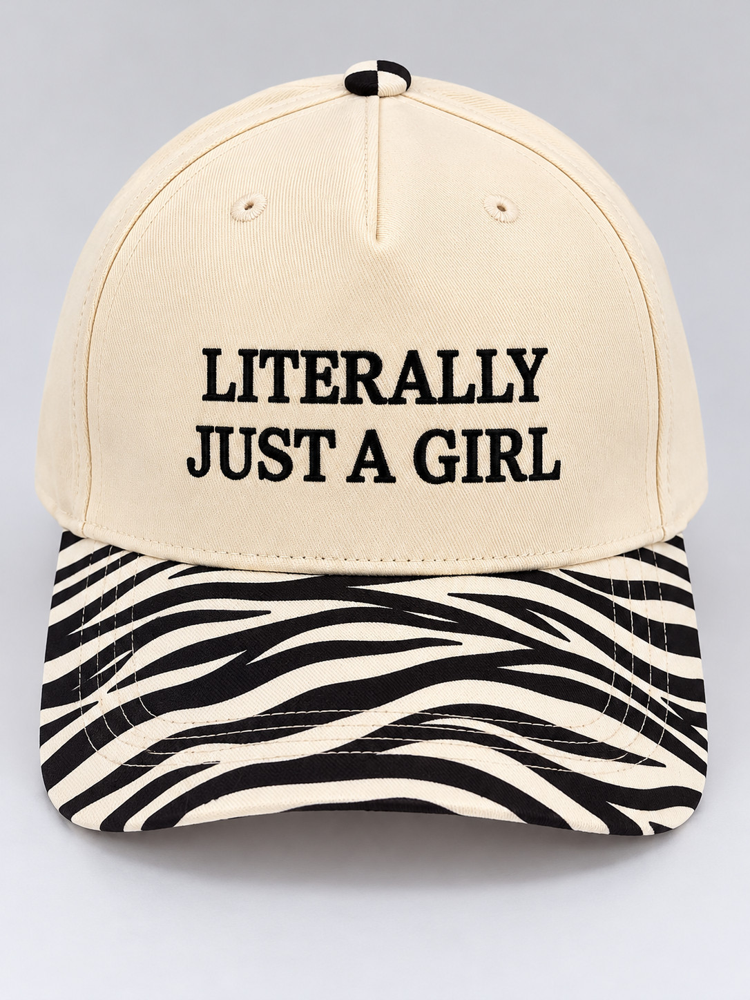 Literally Just a Girl Zebra Print Baseball Cap Cream Black Adjustable Hat