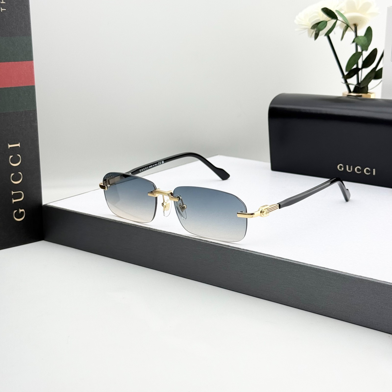 Gucci GG1221S Rimless Sunglasses Gold Black Gray Gradient Lens Men\'s 56mm