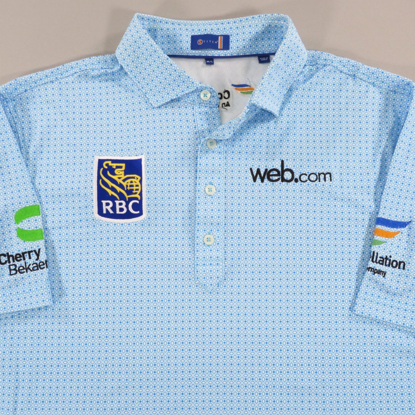 Tour Issue Polo Medium Stitch Golf Jim Furyk Blue Geometric AOP Shirt Sponsors