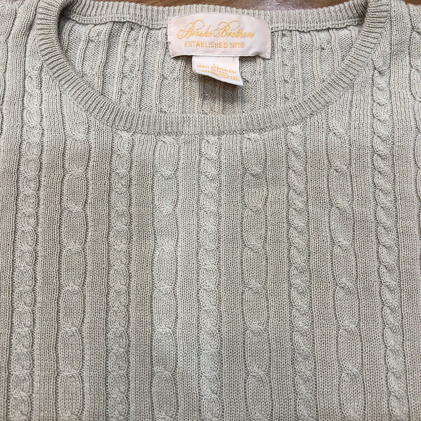 Brooks Brothers 100% Mercerized Cotton Cable Knit Long Sleeve Tan Sweater Size L