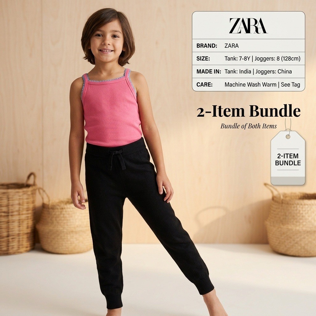 Zara 2 Piece Outfit Set Girls Size 8 Pink Black Excellent Tank Pants