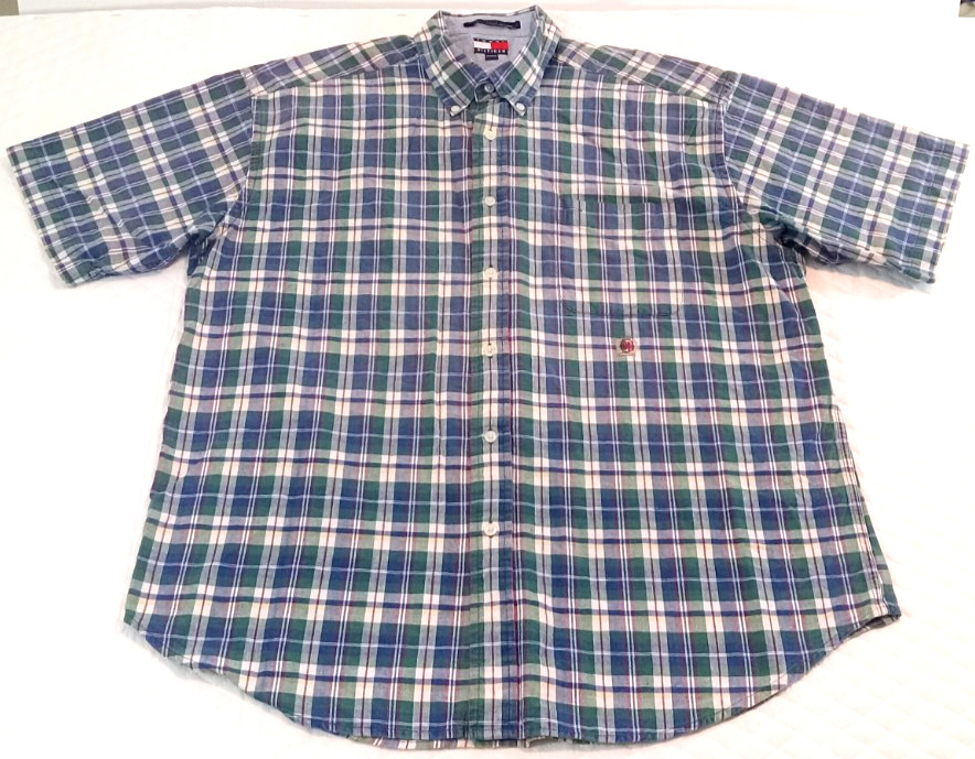 VTG Tommy Hilfiger Men\'s XL Shirt 100% Cotton Plaid Embroidered Crest Multicolor