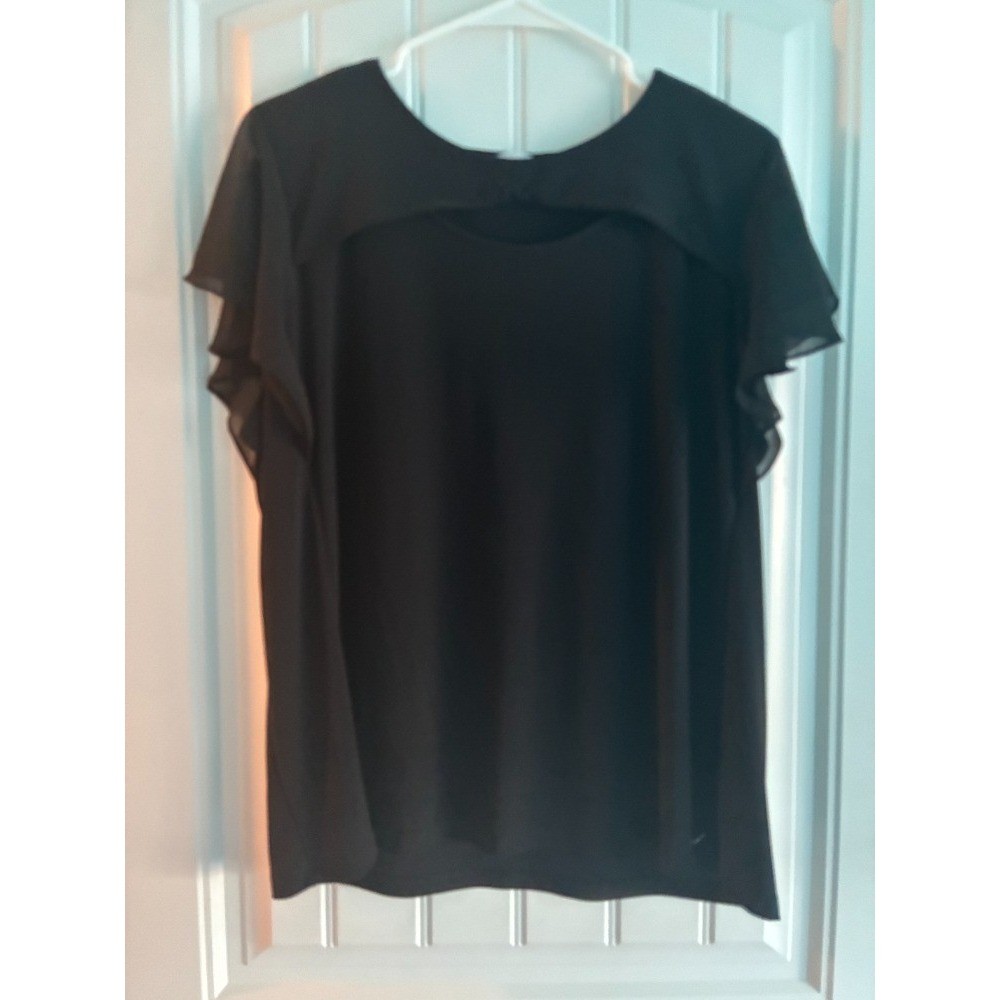 Calvin Klein Womens Black Cutout Neck Flutter Sleeve Blouse XL M3TH7081
