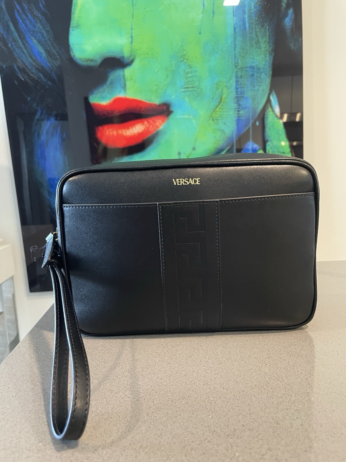 Versace Pouch Calf Leather Embossed Greca Black $1500