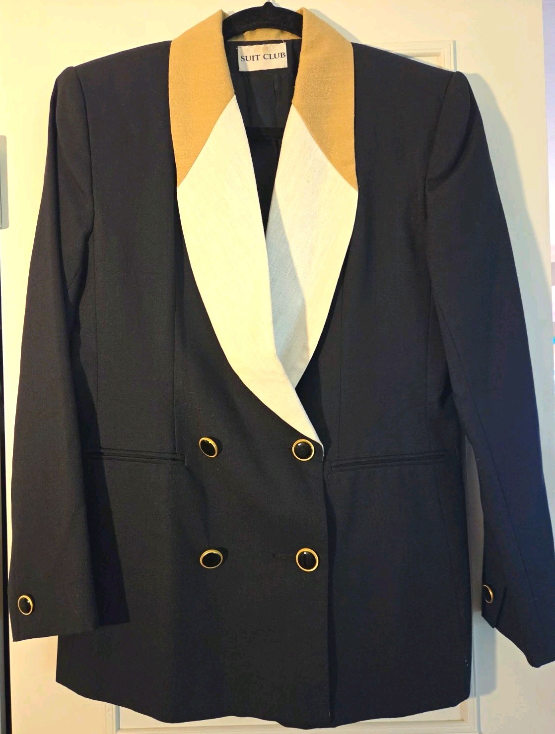 Vintage Black Women\'s Double Breasted Blazer  Tan And White Linen Look Collar 4