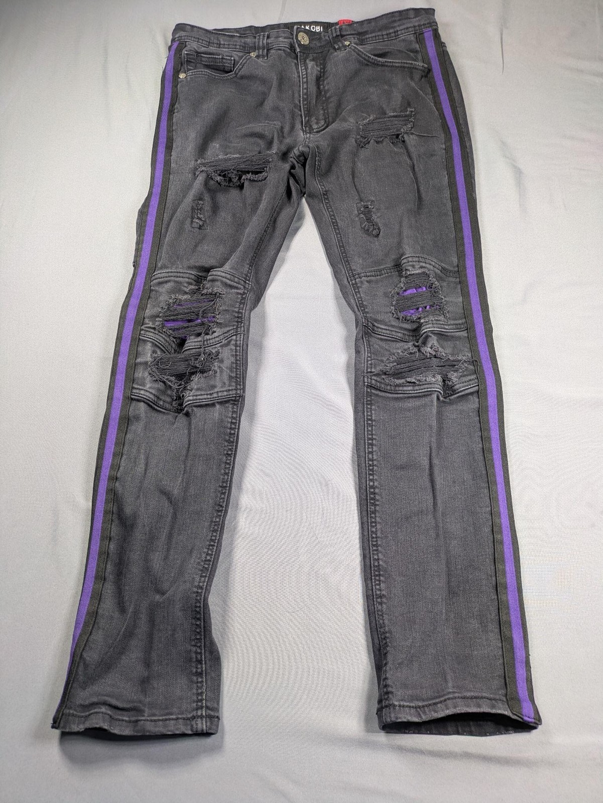 Makobi Jeans Mens 34x32 Charcoal Distressed Skinny Stacked Purple Logo Tape