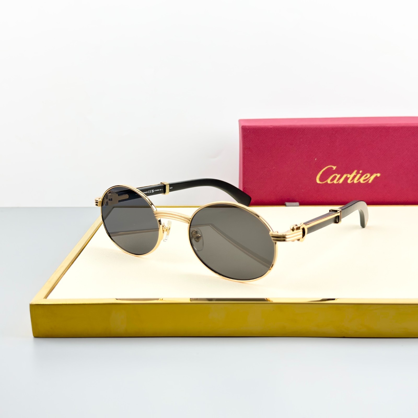 Cartier CT0464S Gold Metal Black Temple Gray Lens Sunglasses New w/ Case