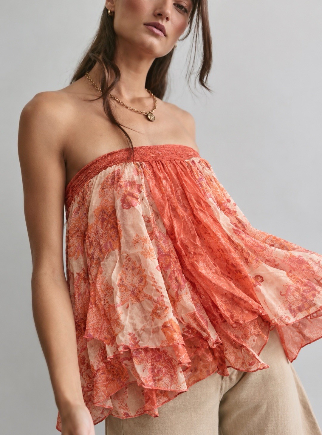 NWT Free People Cleo Mixed Print Tube Top L Peach Combi Boho Strapless $128