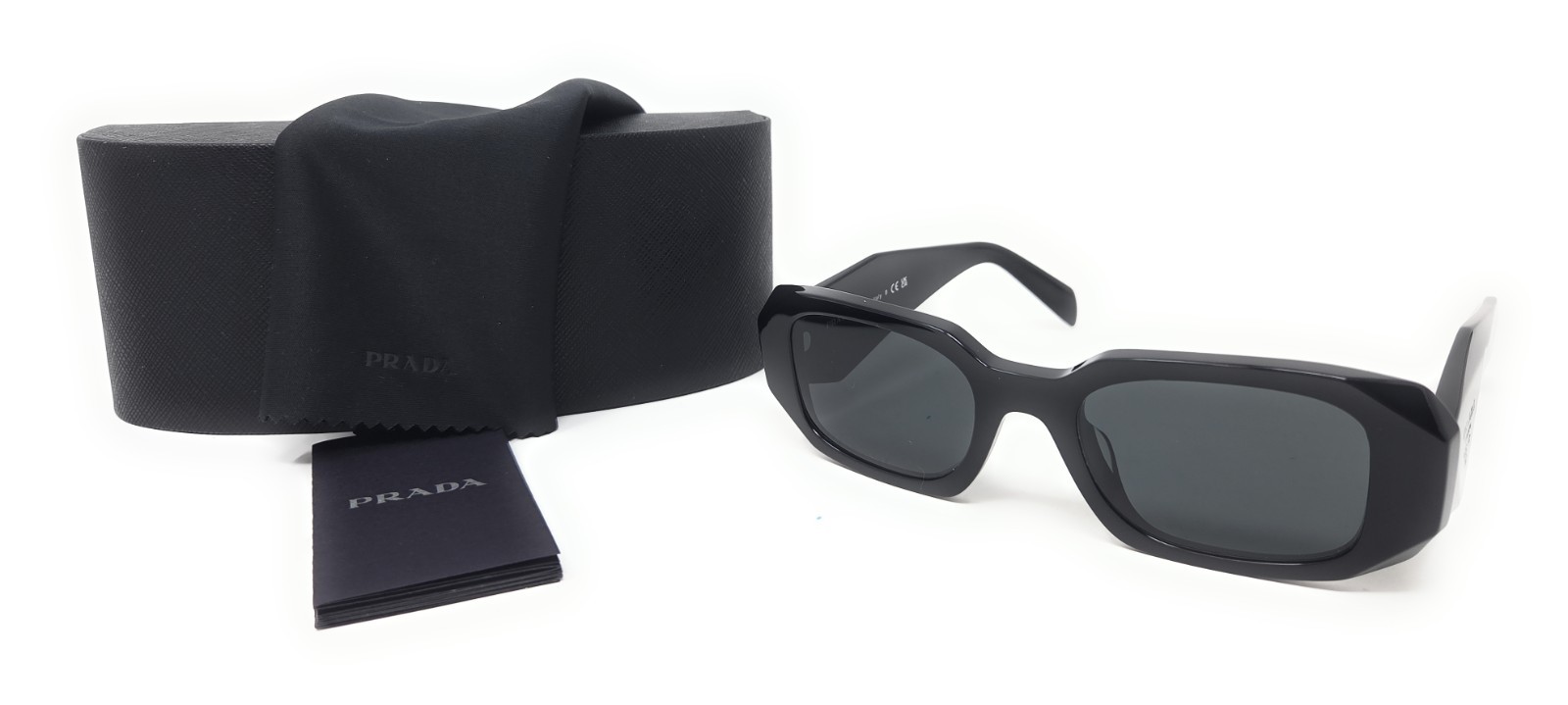 Prada Sunglasses SPR17W-F 1AB-5S0 Shiny Black Rectangle Frames with Gray Lenses