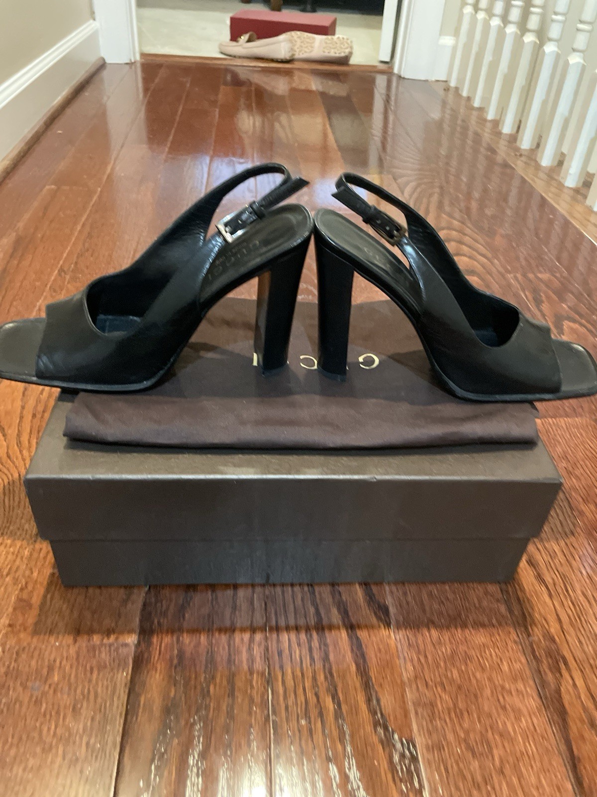 Authentic GUCCI Black Leather Open Toe Slingback Heels Size 37.5 / US 7.5