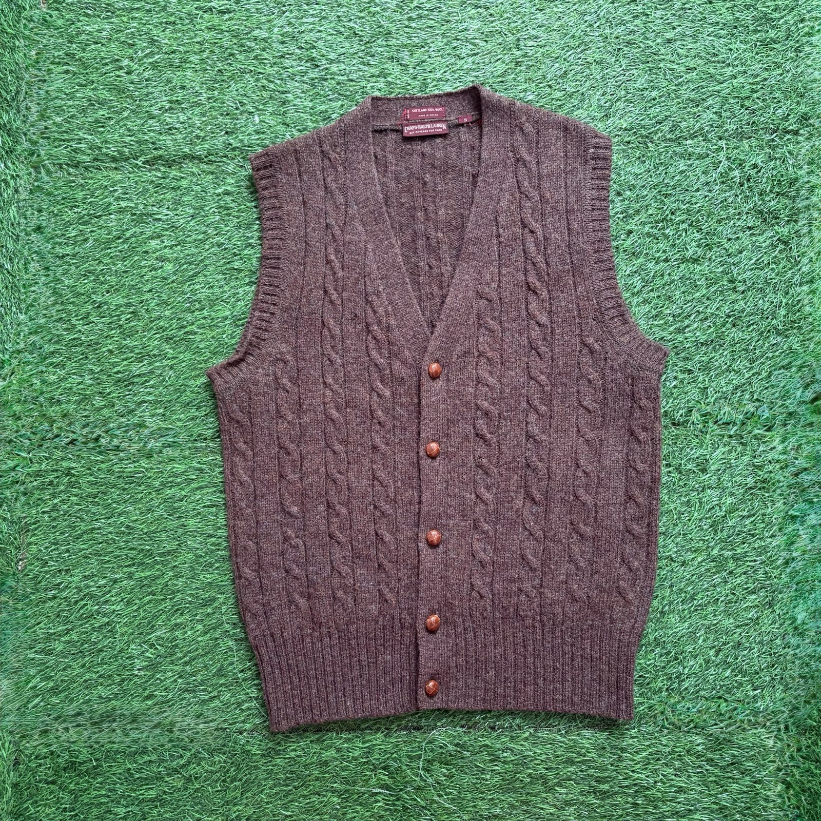 Vintage 80s Chaps Ralph Lauren Sweater Vest Men’s S Shetland 100% Wool Brown