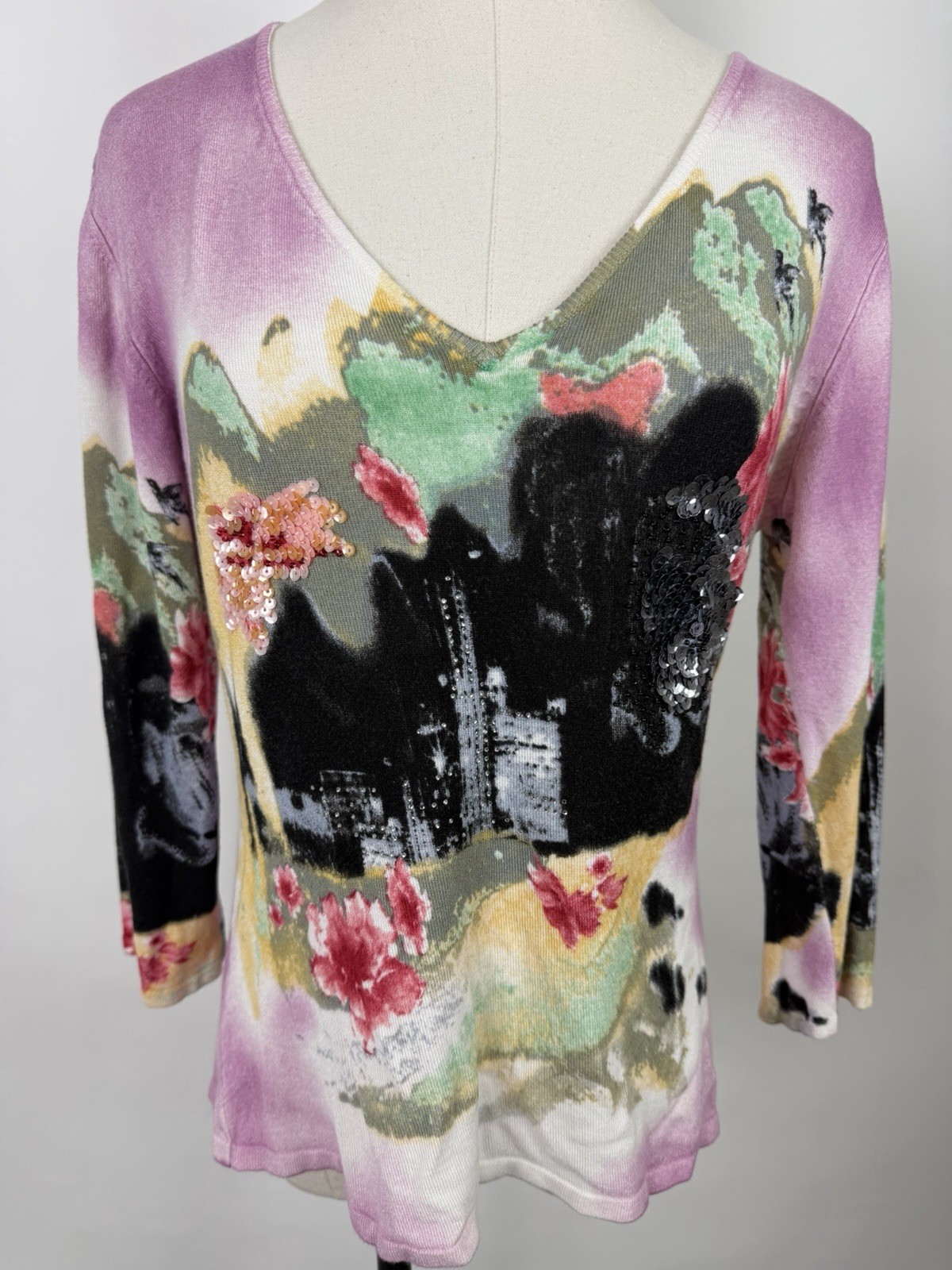 Vintage Y2K Knit Top Womens Large Asian Floral Vaporwave City Chinese Mountains