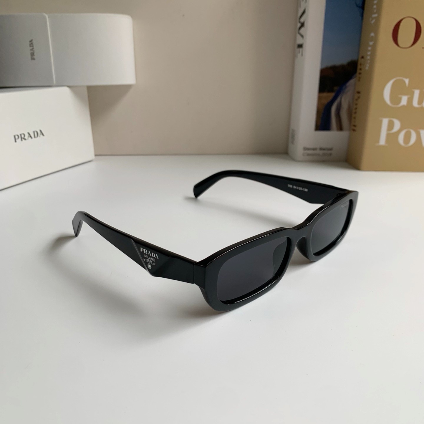 Prada PRB06S Sunglasses 54‑20‑130 Black Acetate Frame Triangle Logo Dark Grey