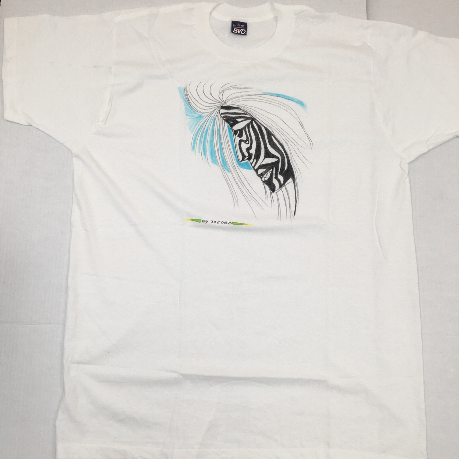 Vintage T-Shirt Hand Drawn Painted Original Artwork Woman Striped Face Size XL