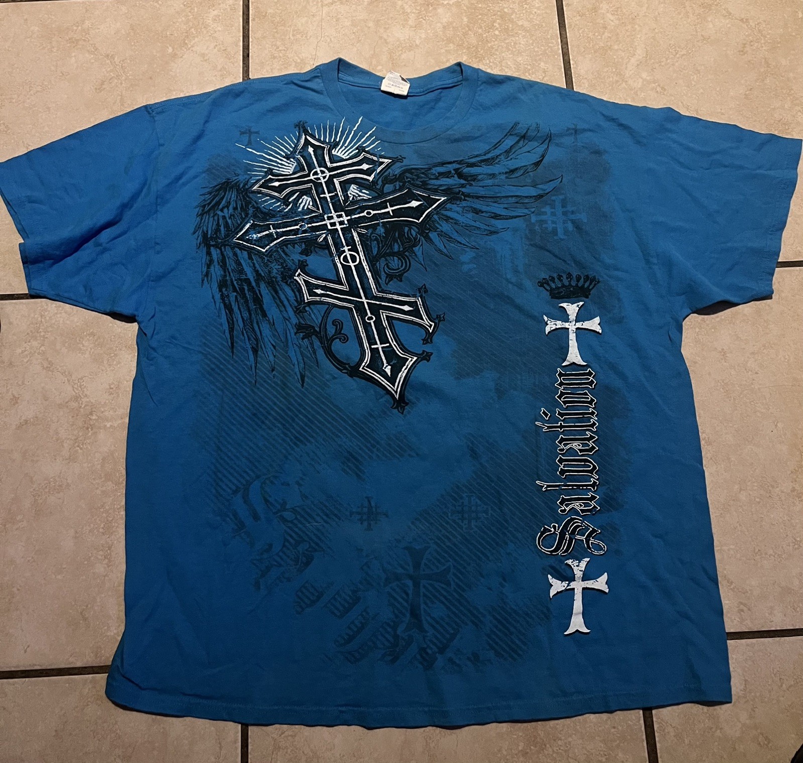 Vintage Y2K Salvation Gothic Winged Cross Crown Blue T-Shirt Size 2XL Men