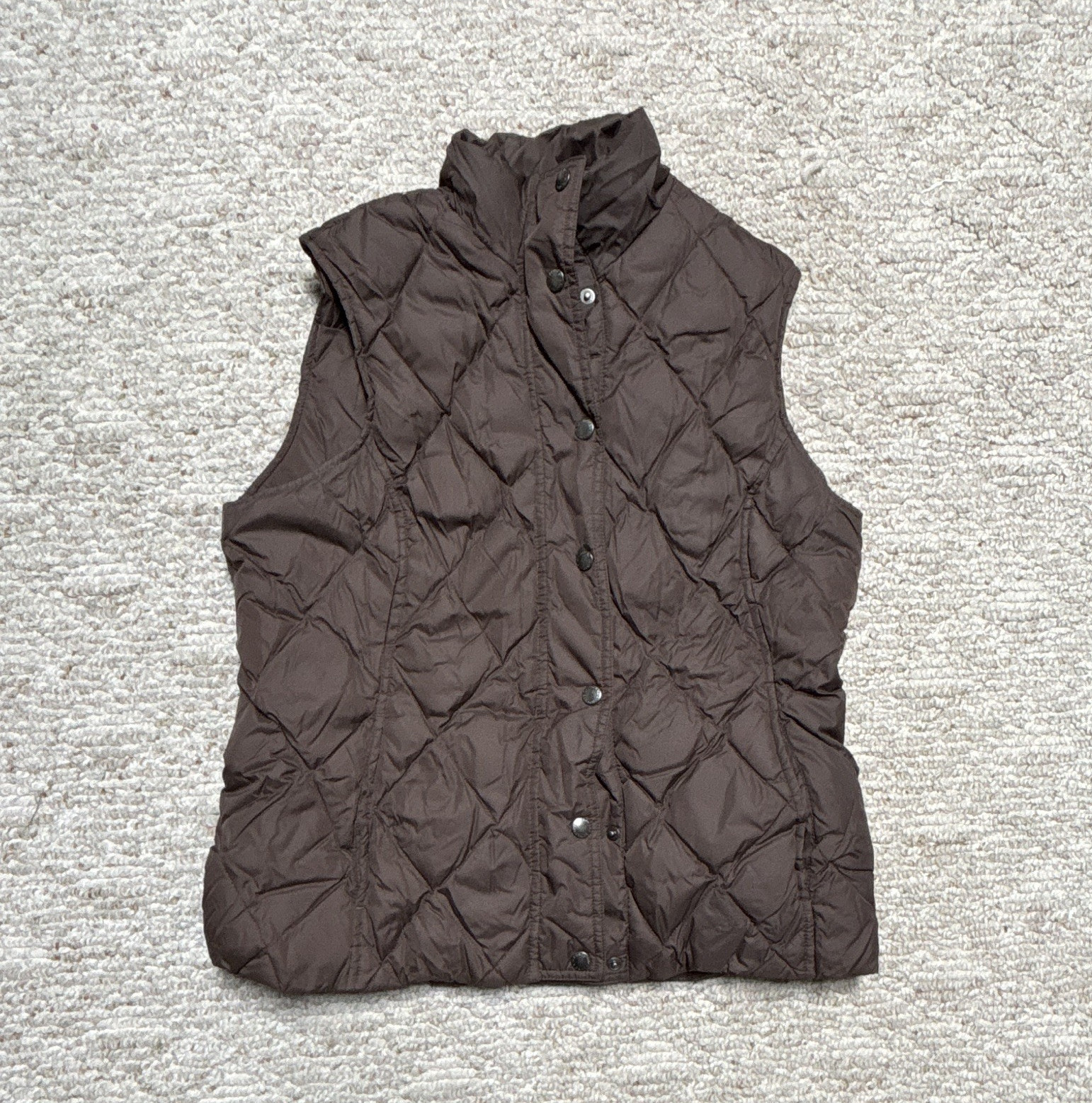 Lands\' End Women\'s Brown Quilted Mid-Length Snap Front Vest Pockets Sz S