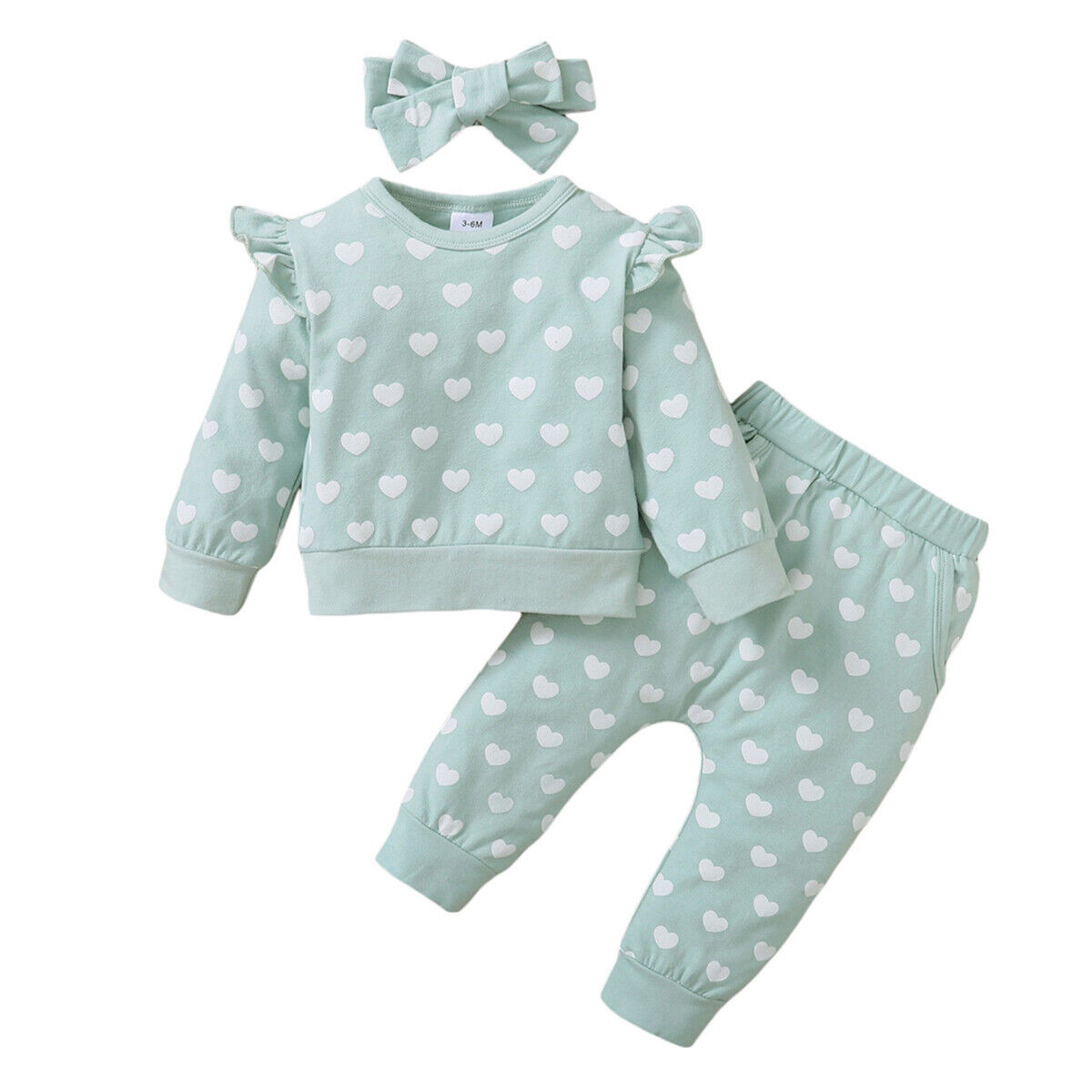 3PCS Newborn Baby Girls Heart Tops Pants Headband Tracksuit Set Outfit Clothes