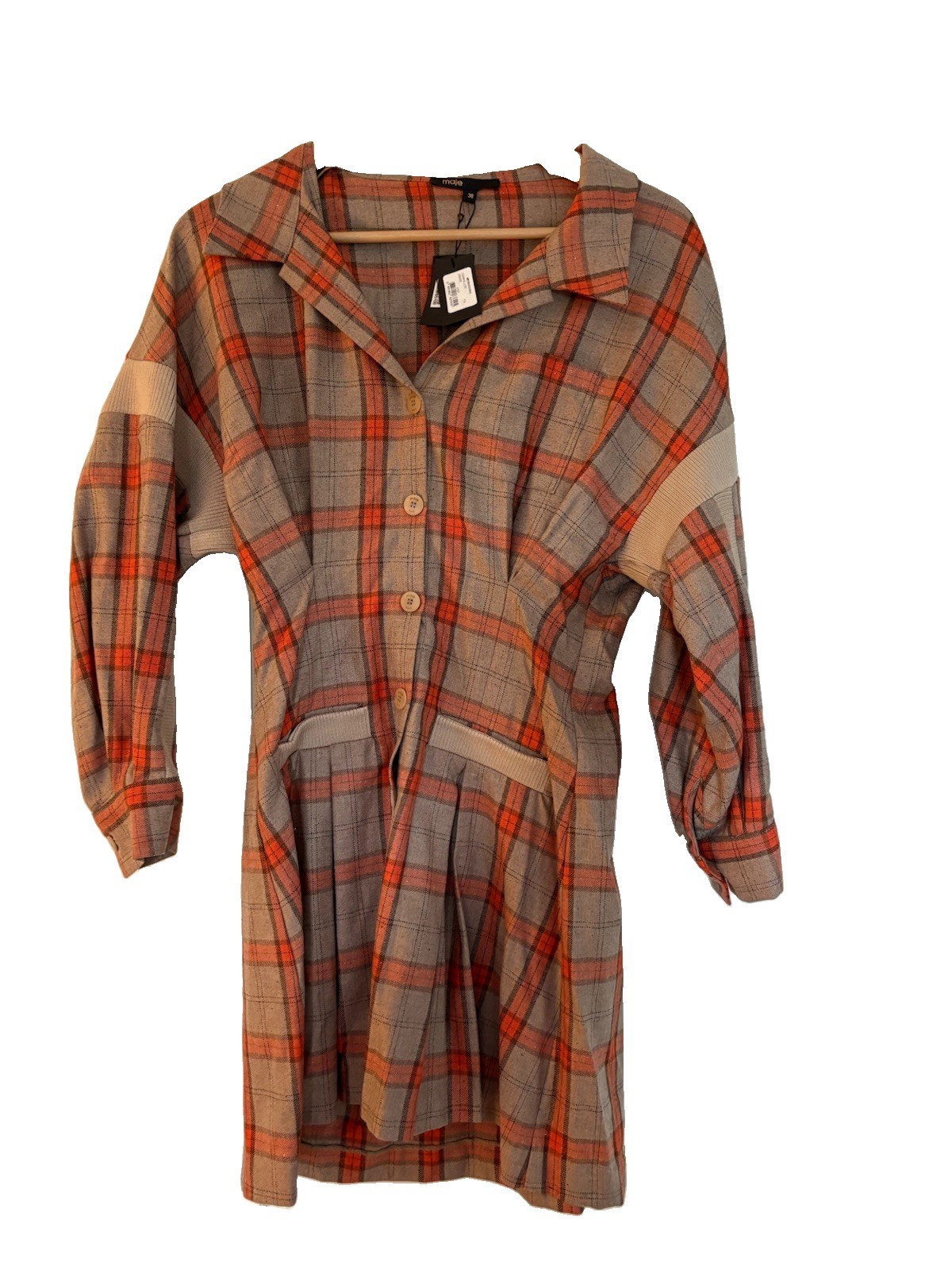 MAJE Ravellino Camel-check Woven Shirt Mini Dress In Orange UK Size 10