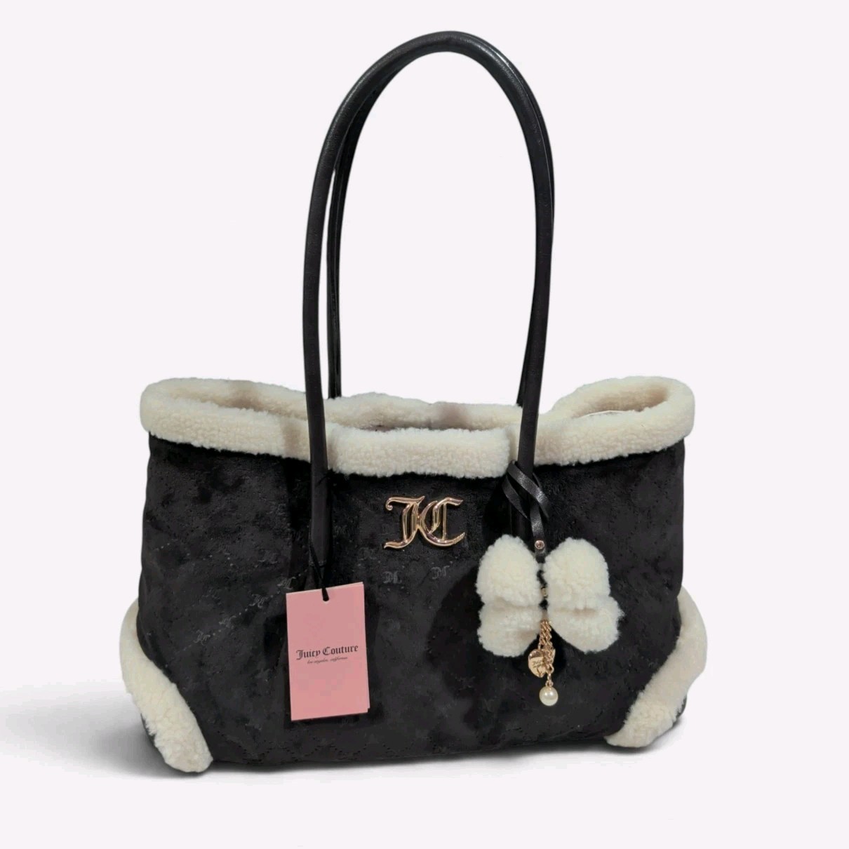 Juicy Couture Cozy Crew Tote bag NWT chocolate Faux Sherpa Bow Charm