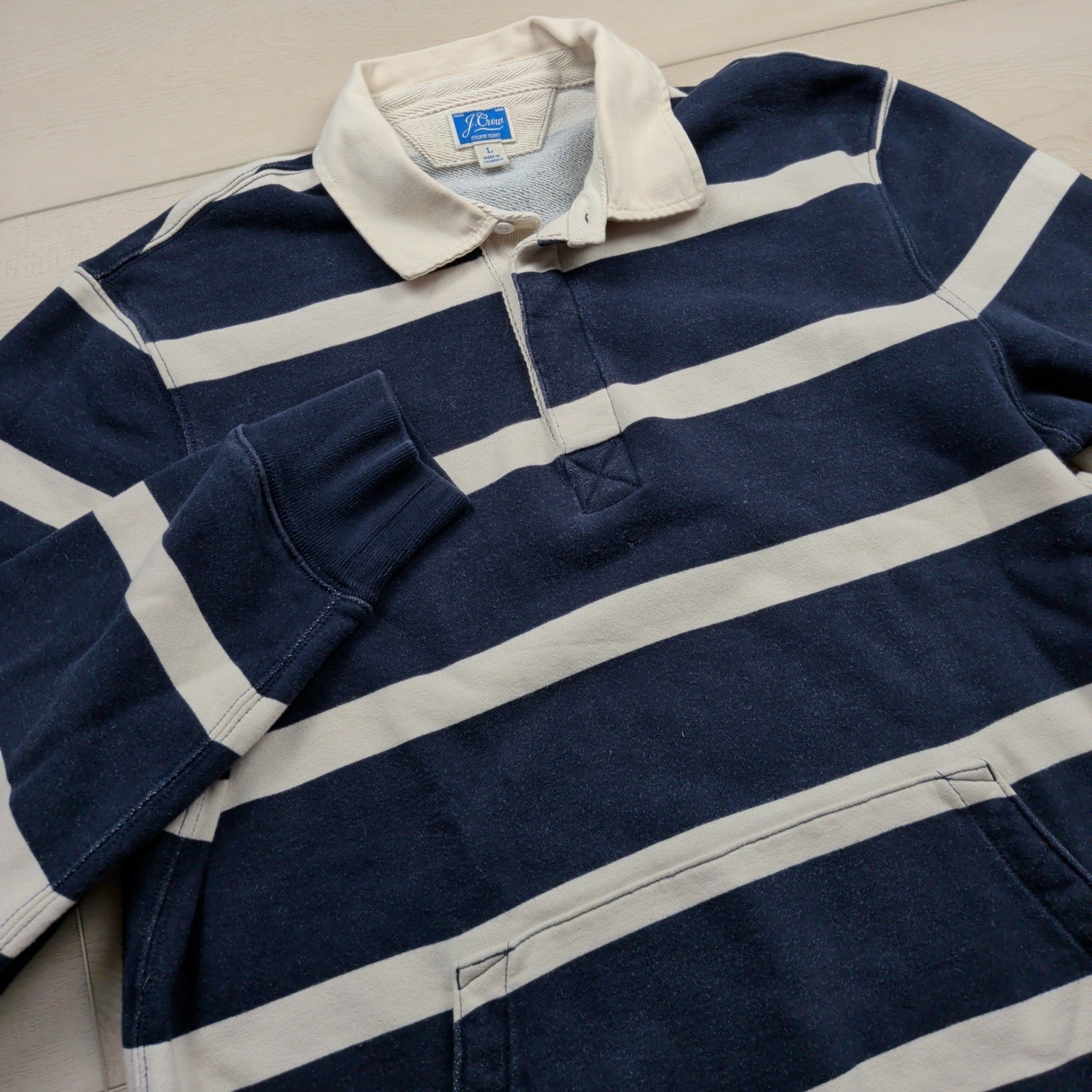 J.Crew Mens French Terry Rugby Shirt Navy White Striped Kangaroo Pocket Large