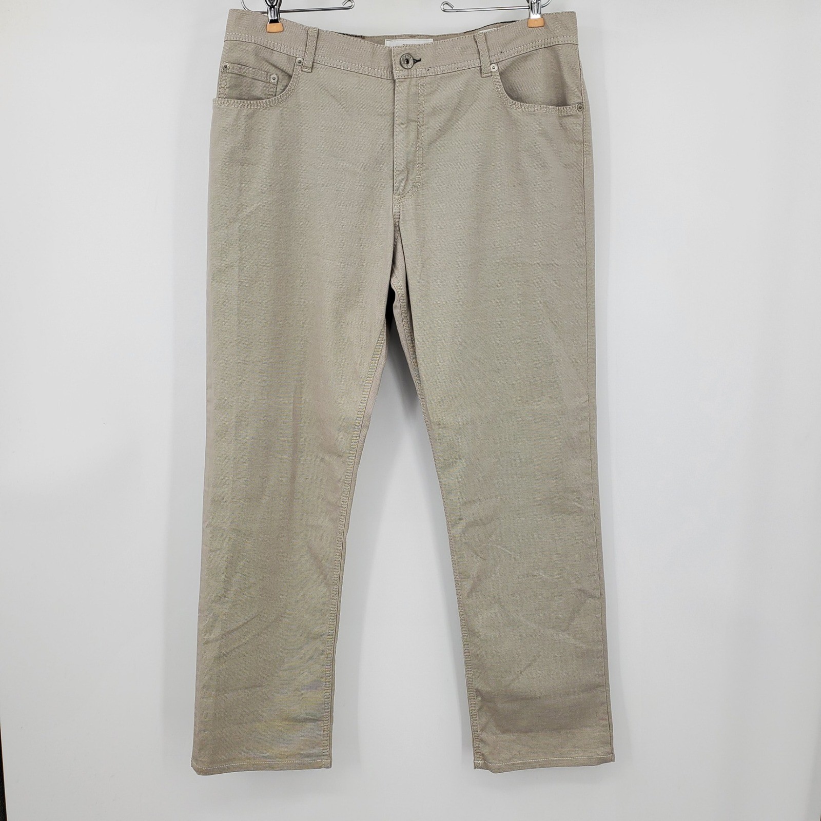 Brax Cooper Fancy Regular Fit Pants Khaki Tan Mens 38x34 Textured Cotton Blend