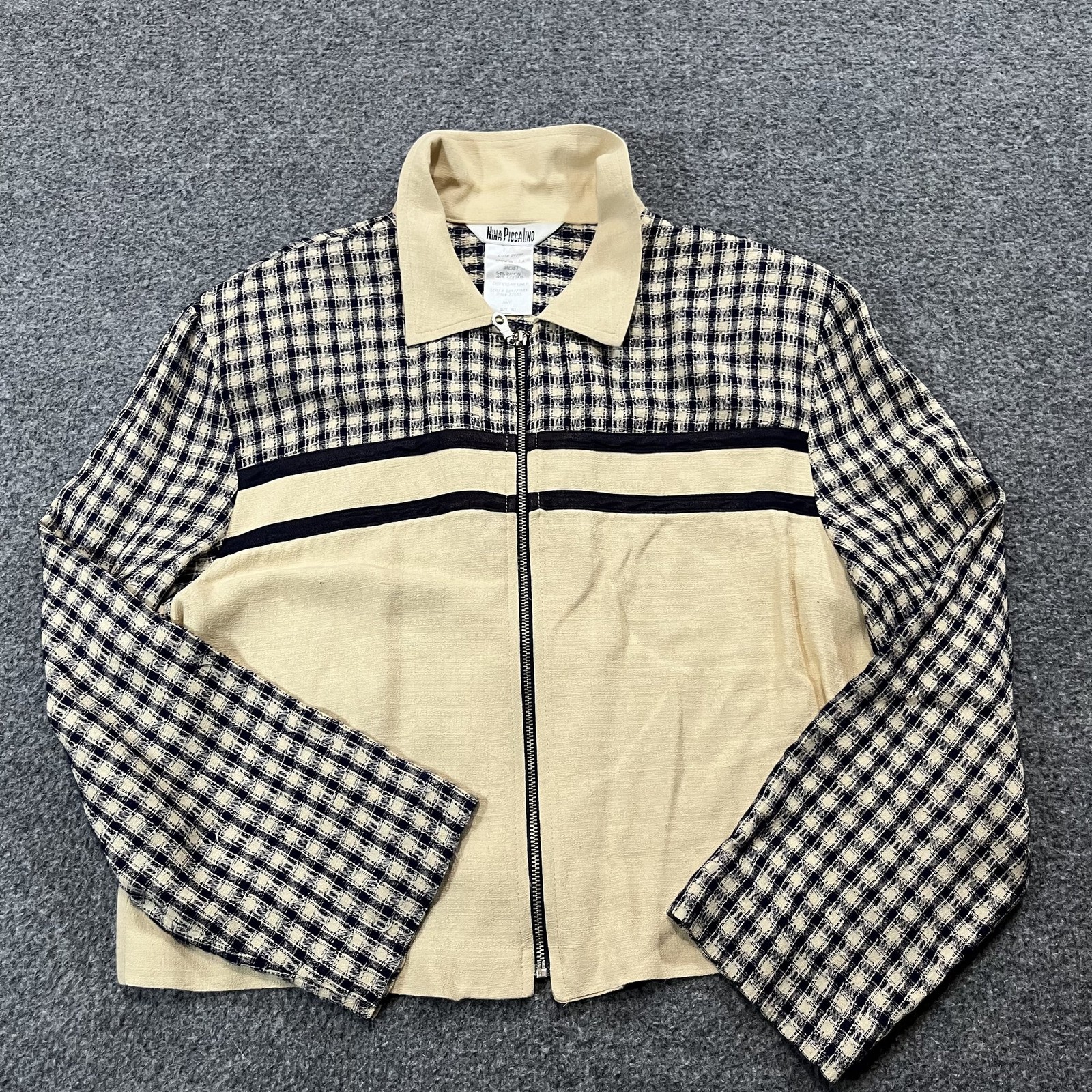 Vintage Nina Piccolino Jacket Womens 10 Tan Plaid Collared Full Zip USA 90s