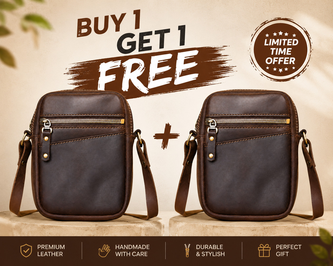 Handmade Brown Leather Essentials Bag Men\'s Crossbody Exclusive BOGO Offer–B1 G1