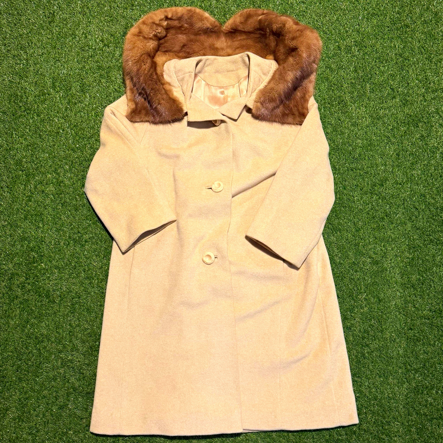 Vtg 1950s Wool Cashmere Coat Mink Fur Collar ILGWU Union Made Carriage Liner