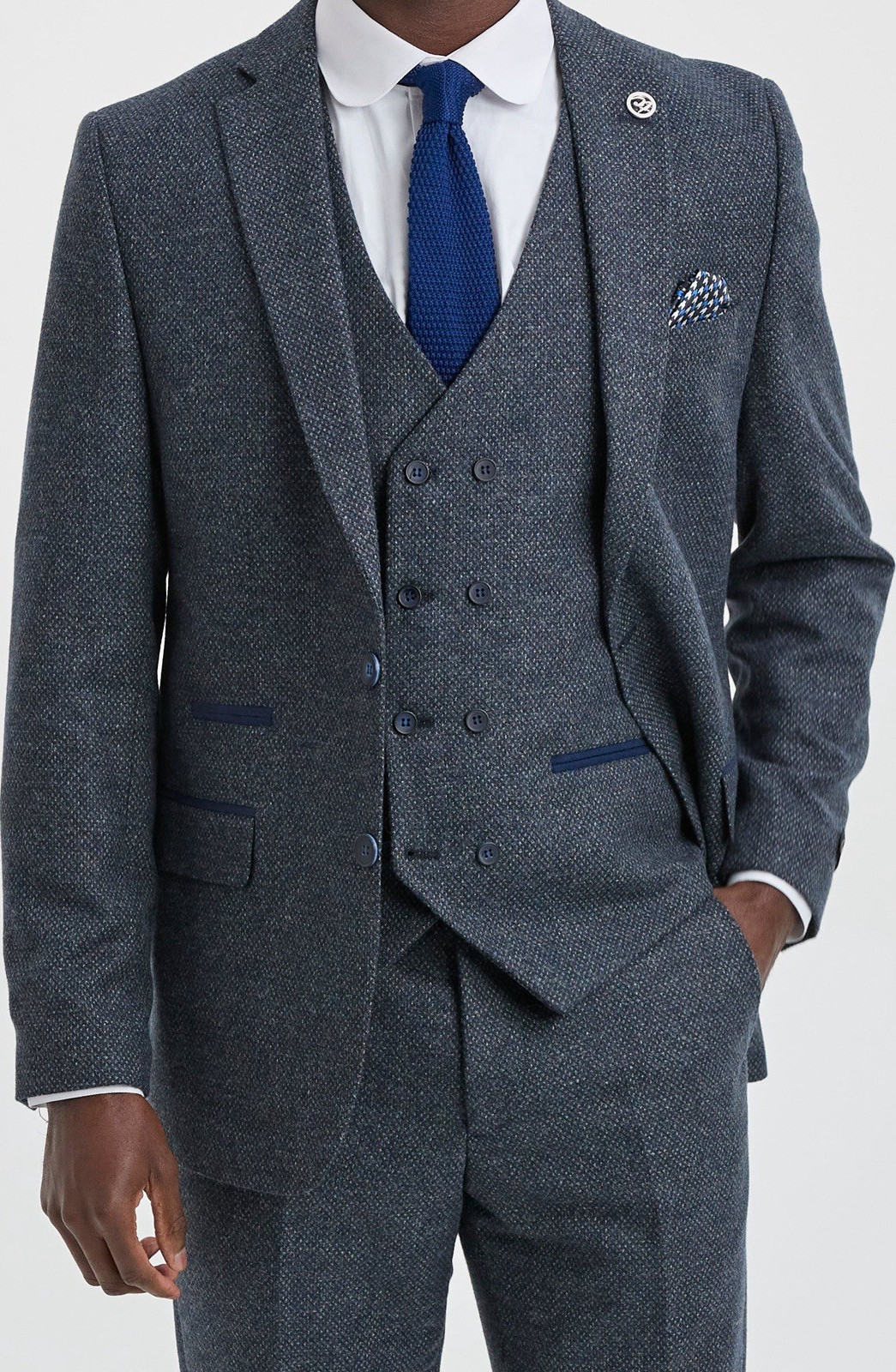 TruClothing Men\'s Blue Tweed 3 Piece Suit 46R Jacket 36R Waist 30R Inseam