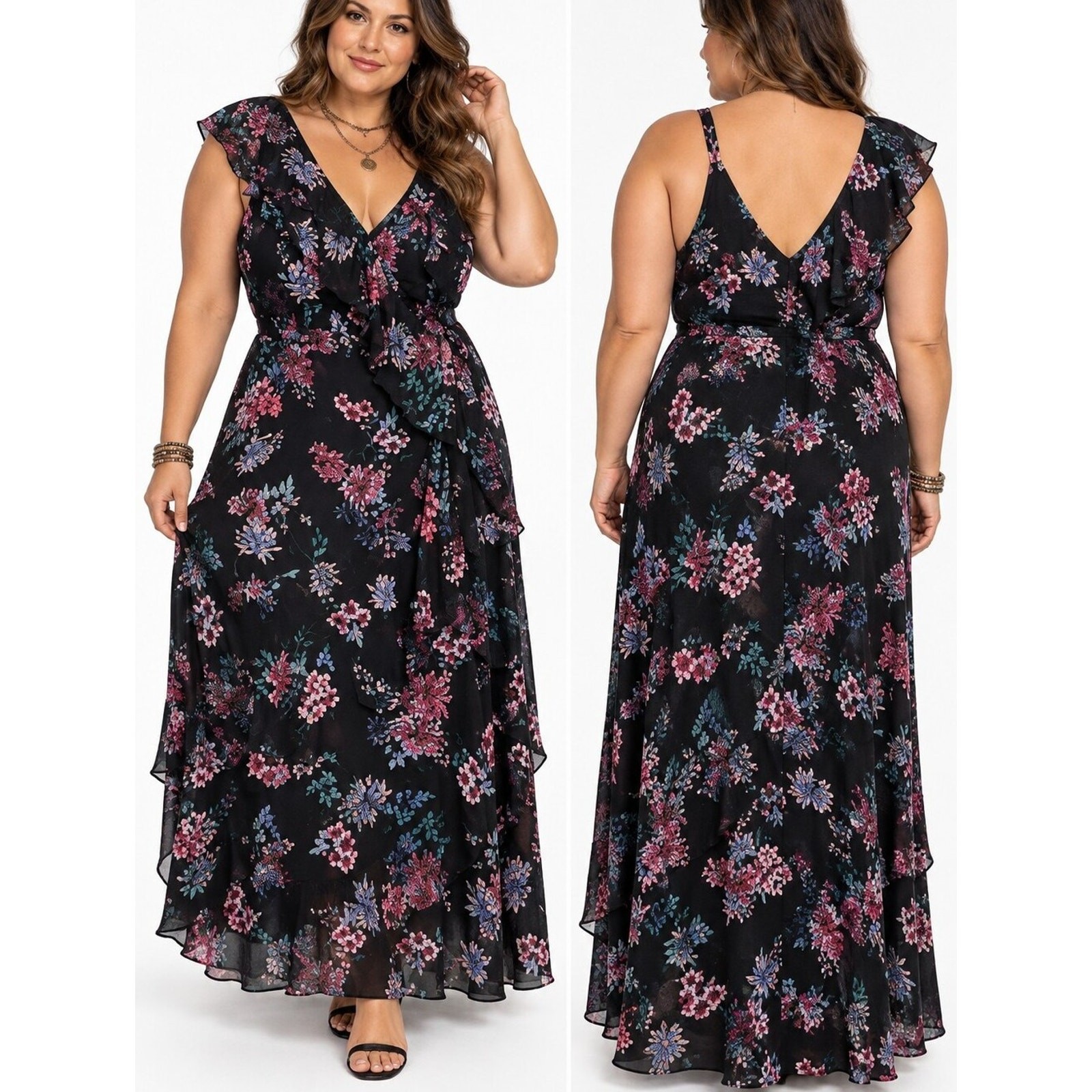 Lane Bryant Maxi dress 26 black floral print v-neck tiered bottom resort event