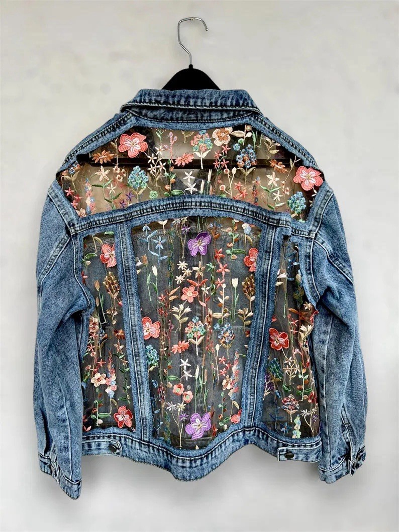 Custom Floral Boho Embroidered Light Wash Jacket - Size Large