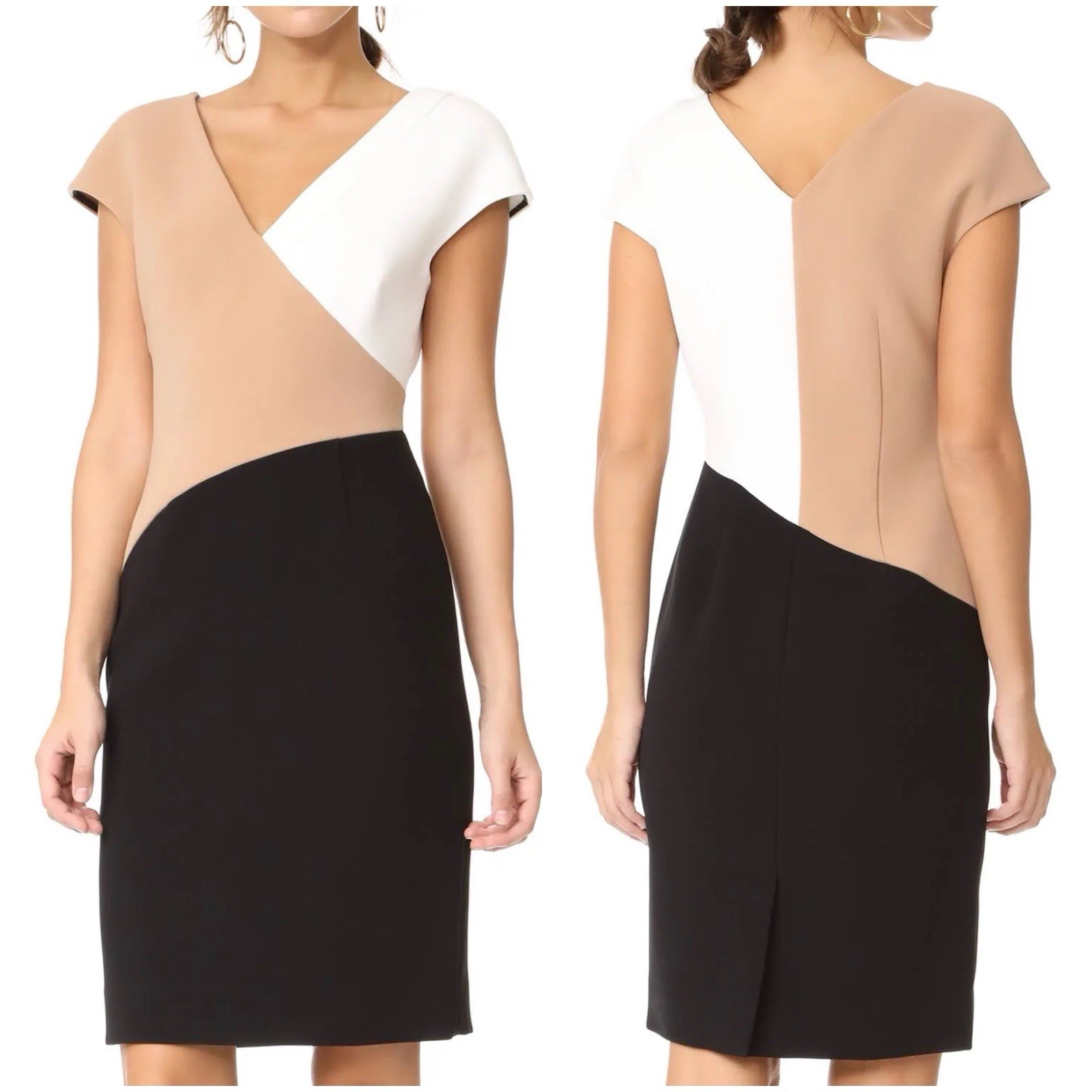 NWOT Diane Von Furstenberg V-Neck Colorblock Tan Black White Sheath Dress Size 8